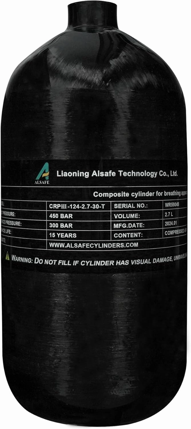 TUXING 4500Psi Carbon Fiber Scuba Tank 2.7L 164Cu in 2700CC High Pressure Composite Cylinder, CE Approved, Pcp Paintball Air Tank Diving Tank (Empty Bottle) M18*1.5
