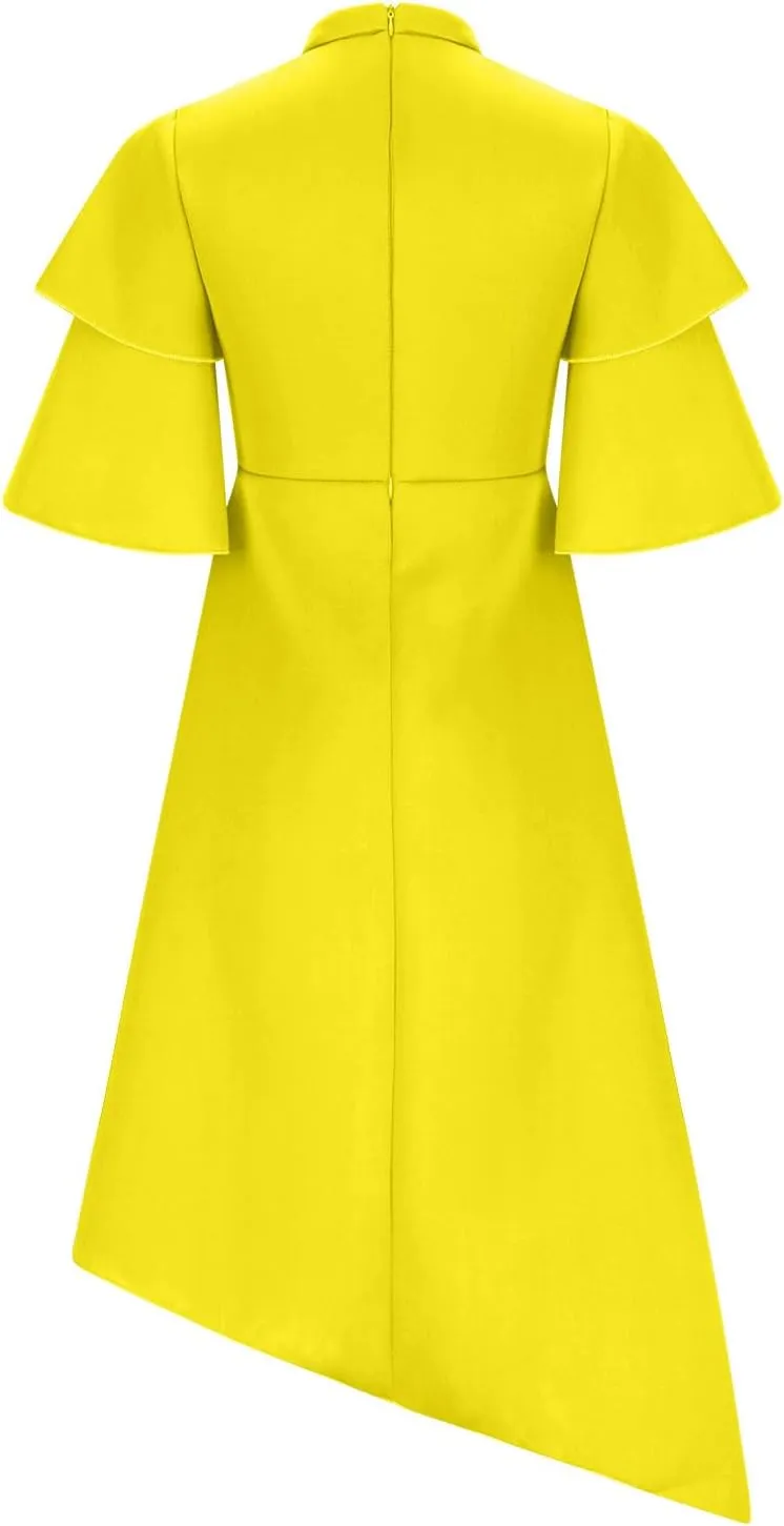 Uillui Ball Gowns for Women Formal Puffy Double Layers Ruffle Sleeve Dress Mock Neck Asymmetric Hem Cocktail Evening Dresses