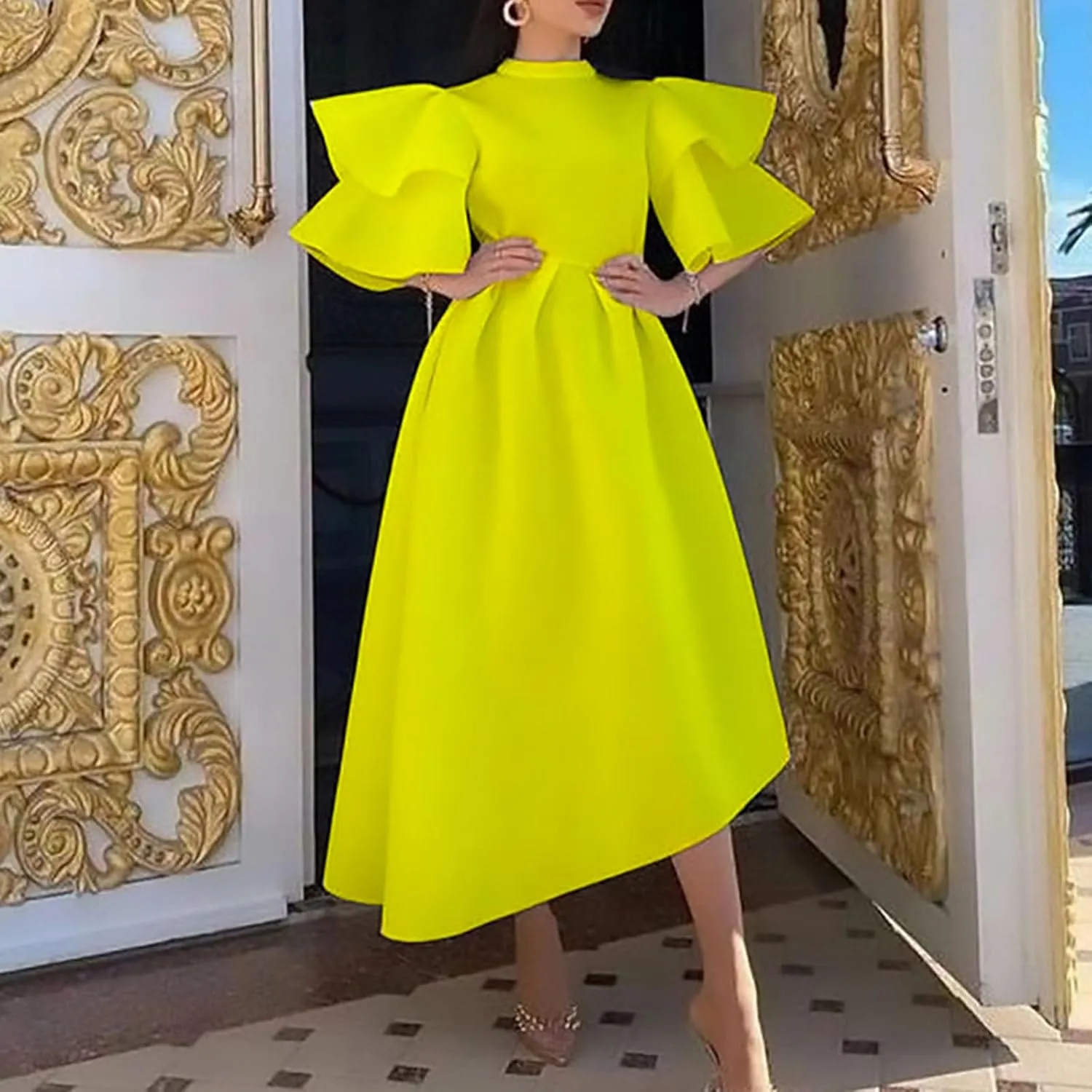 Uillui Ball Gowns for Women Formal Puffy Double Layers Ruffle Sleeve Dress Mock Neck Asymmetric Hem Cocktail Evening Dresses