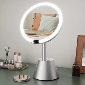 ULG Lighted Makeup Mirror with 2AC   3USB Charging Station and 10X Magnification 3 Light Colors Smooth Dimming 1500lux Bright Soft Light Automatic ON/Off Sensor Adjustable Height and Angle, Silver