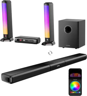ULTIMEA 5.1ch Sound Bar w/Dolby Atmos, Detachable PC Soundbar with RGB Light, Surround Sound System Soundbar for Smart TV, Subwoofer, App Control, 320W Peak Power, HDMI eARC/Opt/AUX/BT, Apollo S80