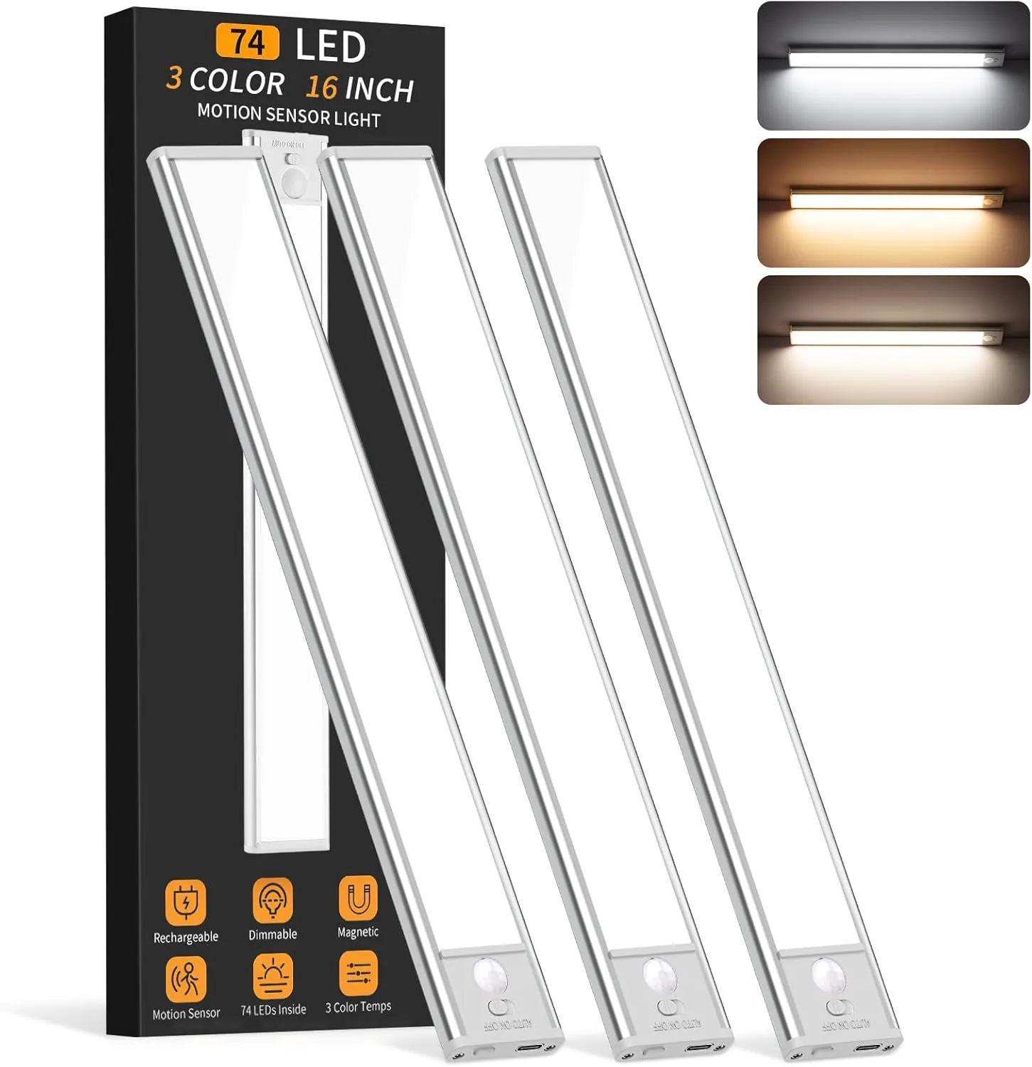 Under Cabinet Lighting Wireless, 74 LED Motion Sensor Light Indoor, 3 Color Dimmable Closet Lights Battery Operated, Rechargeable Magnetic Light, Under Counter Lights for Kitchen, Stairs, Home (3Pack)