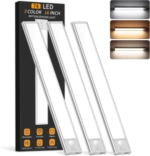 Under Cabinet Lighting Wireless, 74 LED Motion Sensor Light Indoor, 3 Color Dimmable Closet Lights Battery Operated, Rechargeable Magnetic Light, Under Counter Lights for Kitchen, Stairs, Home (3Pack)