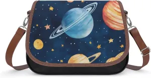 Universes Galaxy Solar System Crossbody Bags for Women Flapover Leather Shoulder Handbag Adjustable