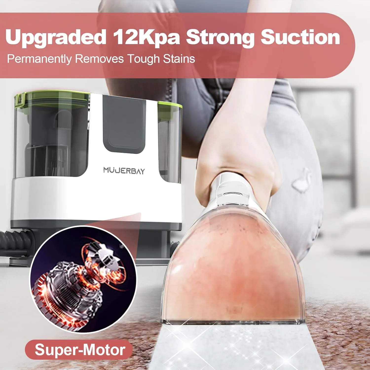 Upholstery Carpet Cleaner, MUJERBAY 12Kpa Portable Spot and Stain Cleaner, Easy Move with Universal Wheels & Handle, 1.18-inch Deep Cleaning Machine for Couch, Stairs, Car and Pet Messes. Green
