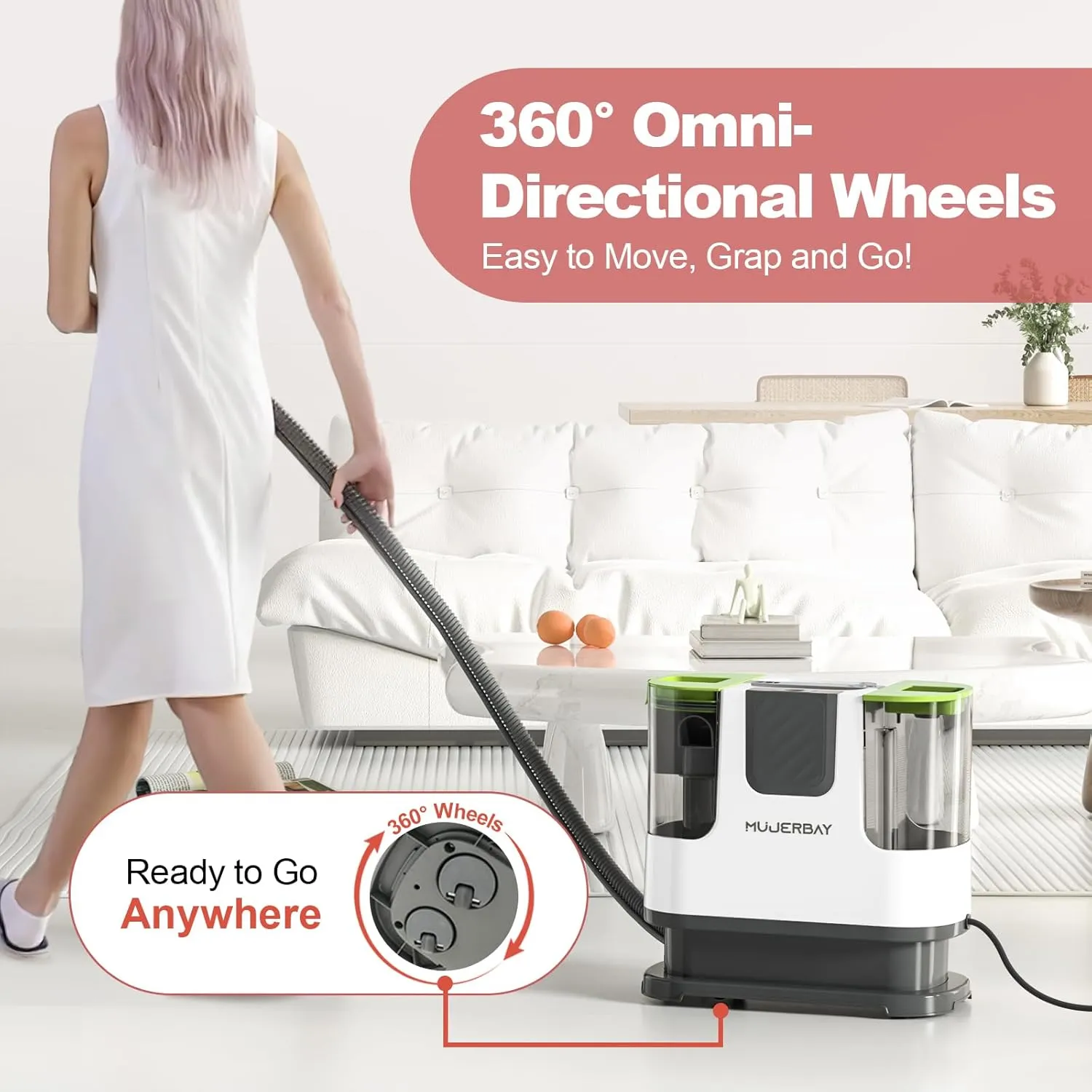 Upholstery Carpet Cleaner, MUJERBAY 12Kpa Portable Spot and Stain Cleaner, Easy Move with Universal Wheels & Handle, 1.18-inch Deep Cleaning Machine for Couch, Stairs, Car and Pet Messes. Green