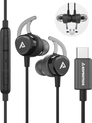 USB C Headphones, Type C Earbuds Magnetic Wired Earphones with Microphone and Volume Control Compatible with Google Pixel Xiaomi Samsung Oneplus Sony MacBook Black