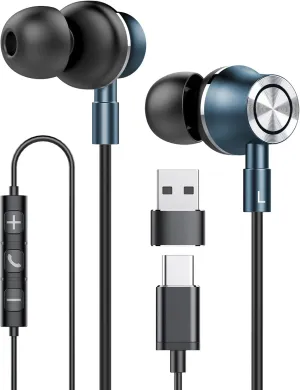 USB C Wired Earbuds, in Ear Earphones for Laptop PC with Microphone, Magnetic Noise Isolation Headset Compatible for iPhone 16 15 Pro Max Plus iPad Pro Samsung MacBook (Bule)