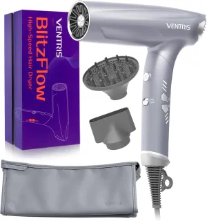 VENTRIS High-Speed Ionic Hair Dryer, 1400W Fast Drying Lightweight Brushless Motor Blow Dryer, Magnetic Diffuser & Concentrator, Cold Shot Button, Professional BlitzFlow Series, Ethereal Gray