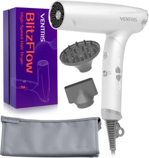 VENTRIS High-Speed Ionic Hair Dryer, 1400W Lightweight Fast-Drying Low-Noise Blow Dryer with Magnetic Diffuser & Concentrator Nozzles, Cold Shot Button, BlitzFlow Series, Lucid White