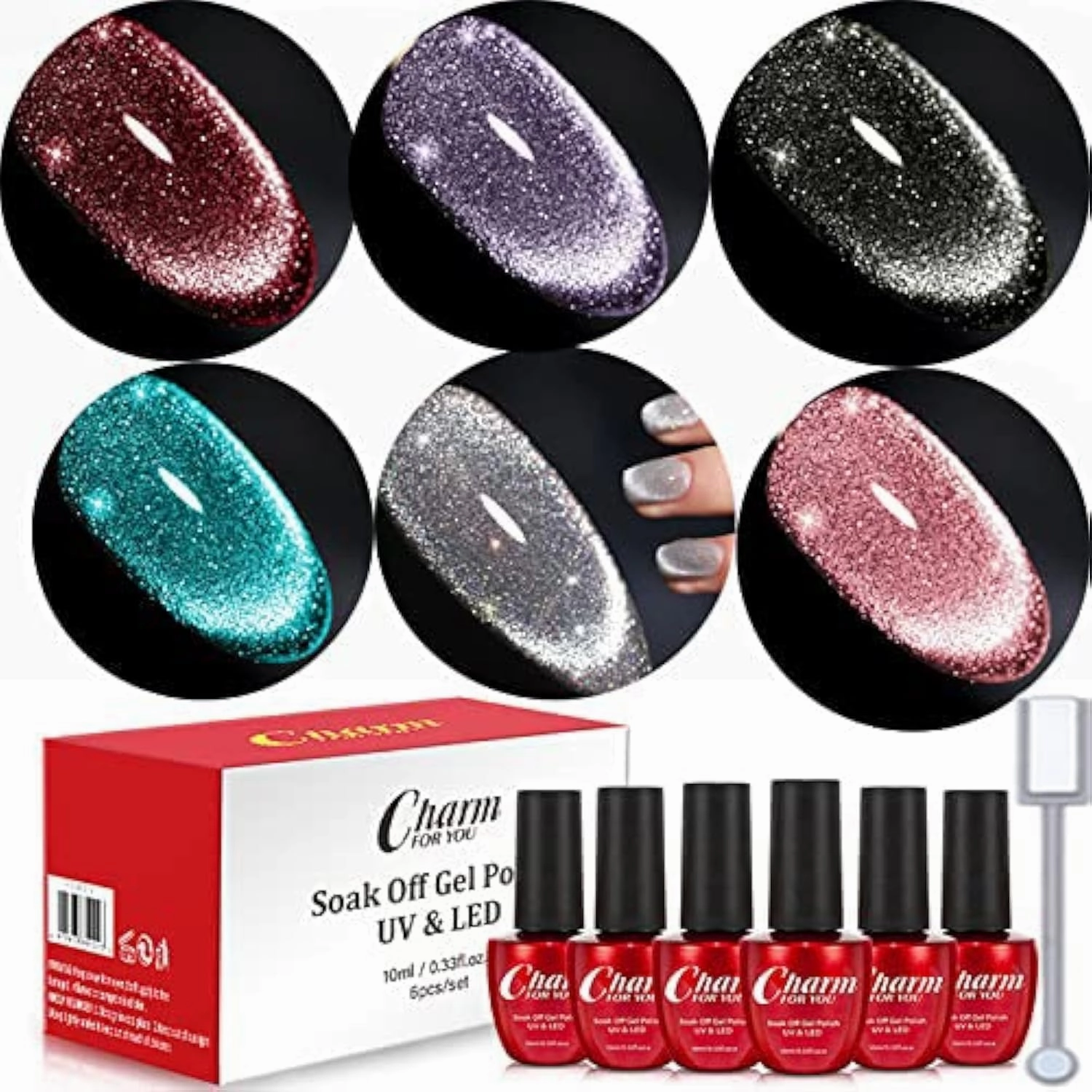 VERONNI Reflective Sparkling Cat Eye Gel Nail Polish Kits, Shimmer Diamond Magnetic Nail Polish, Glitter Bungee Soak Off UV Broken Diamond Cateye Gel Nail Set (with a double-ended magnet)