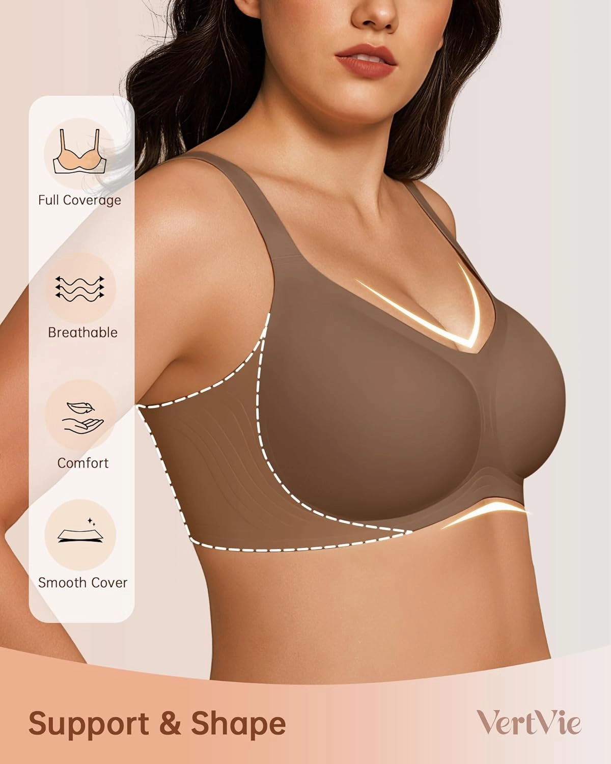 Vertvie Bras for Women No Underwire Wireless Support Bra Underarm-Smoothing Seamless Push Up Full Coverage T-Shirt Sports Bra
