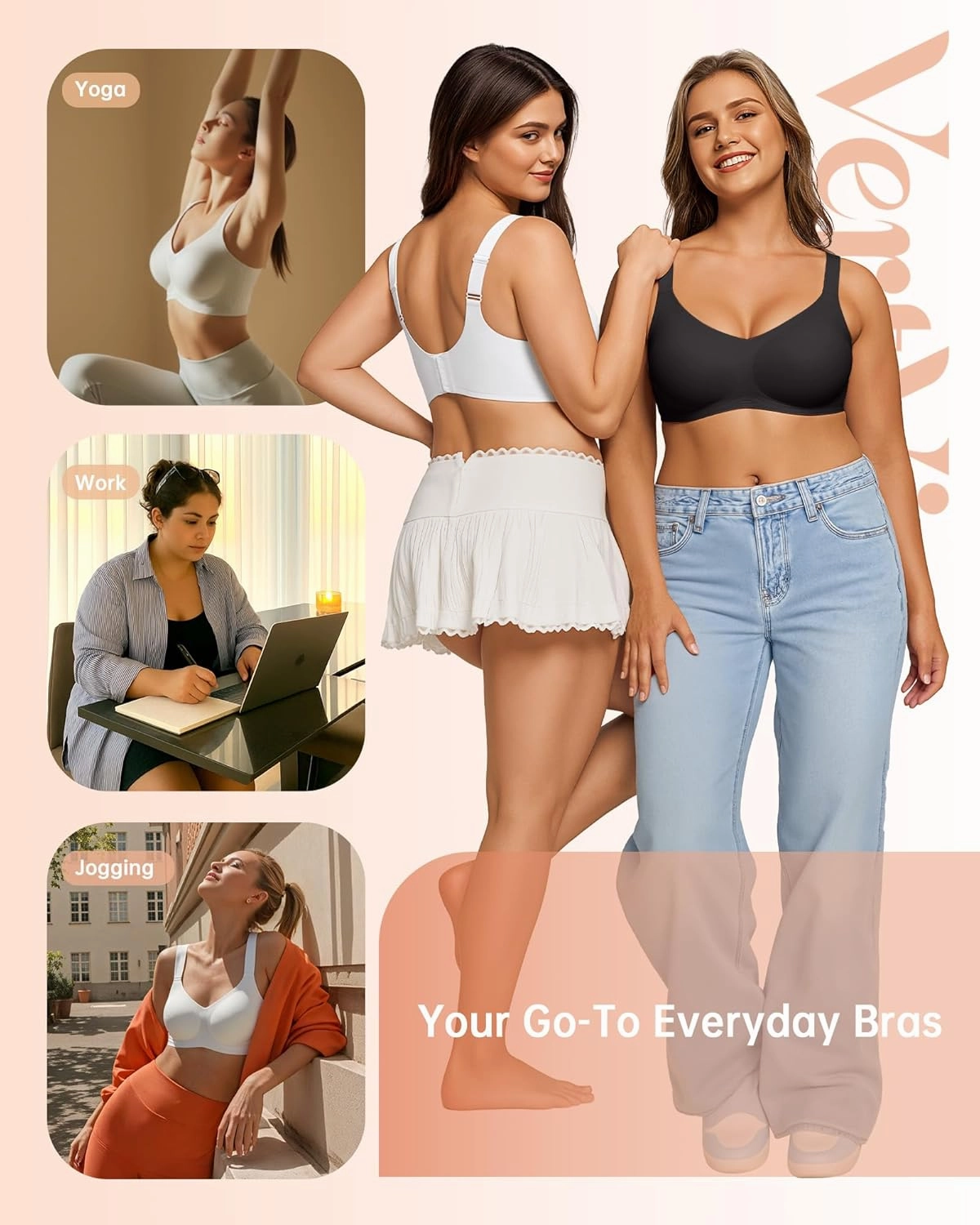 Vertvie Bras for Women No Underwire Wireless Support Bra Underarm-Smoothing Seamless Push Up Full Coverage T-Shirt Sports Bra
