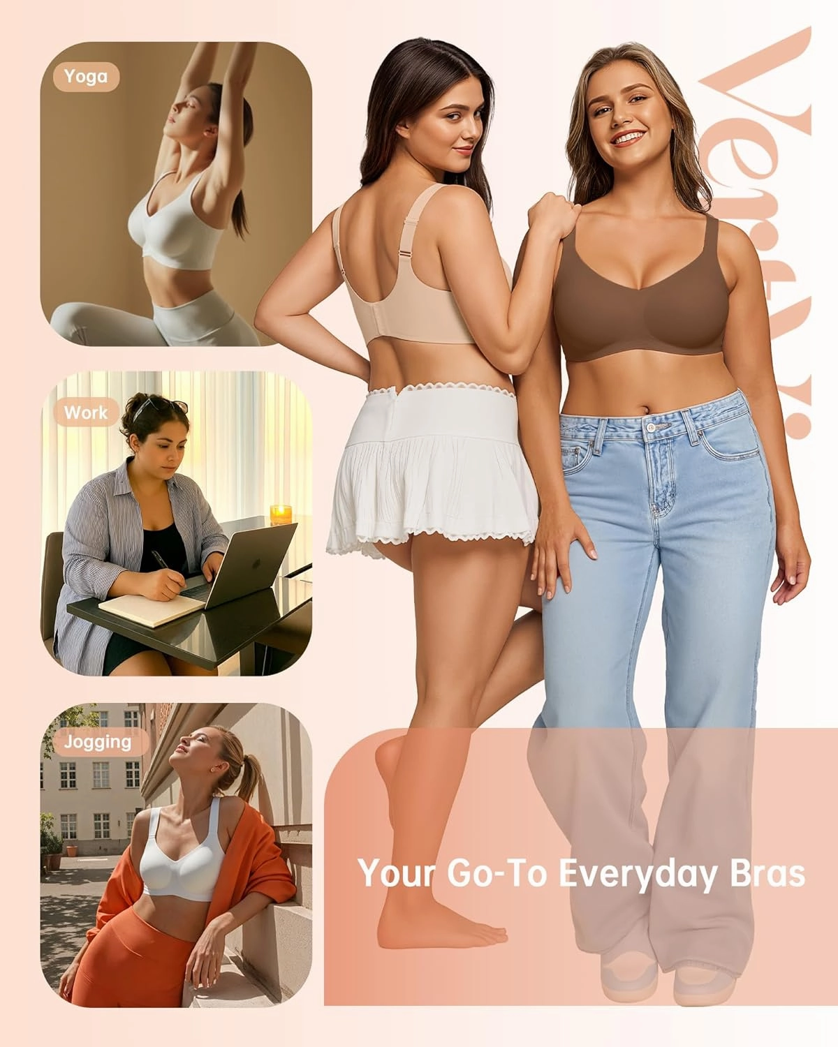 Vertvie Bras for Women No Underwire Wireless Support Bra Underarm-Smoothing Seamless Push Up Full Coverage T-Shirt Sports Bra