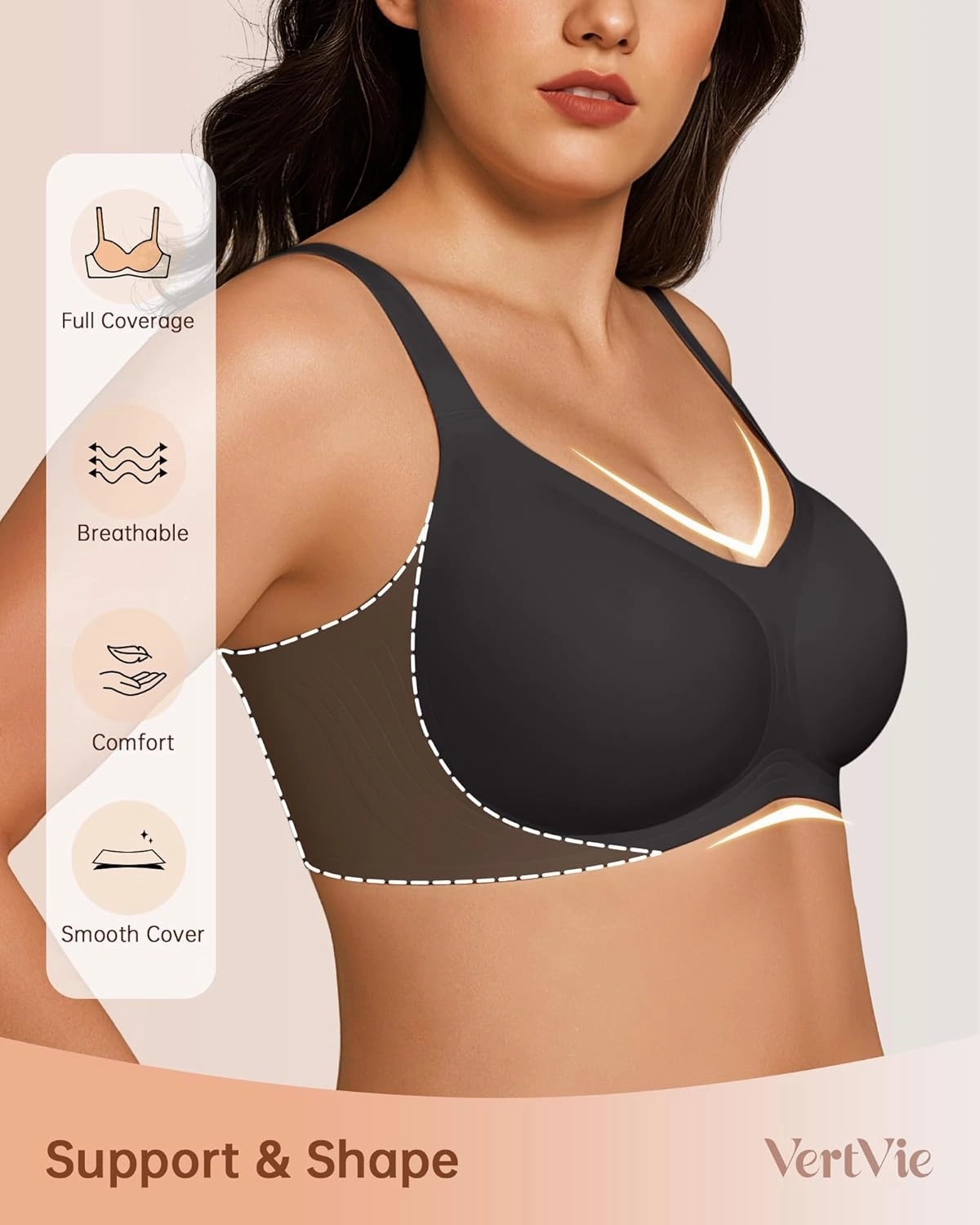 Vertvie Bras for Women No Underwire Wireless Support Bra Underarm-Smoothing Seamless Push Up Full Coverage T-Shirt Sports Bra