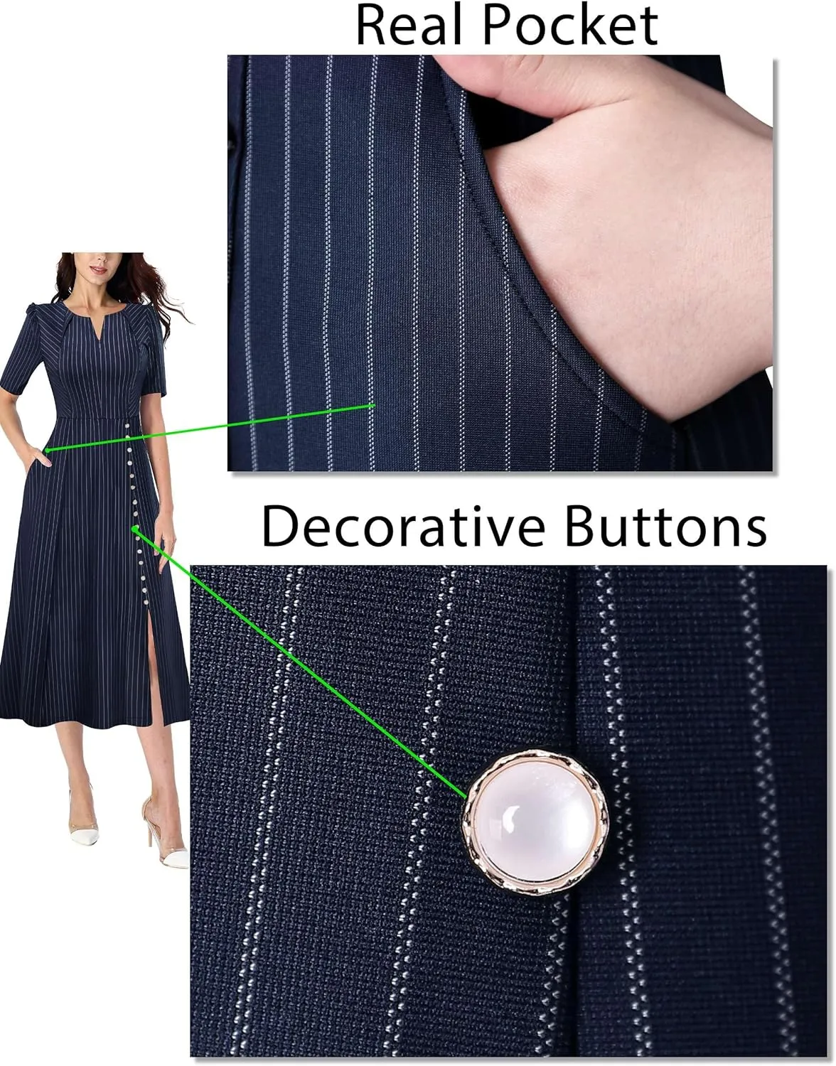 VFSHOW Women Pleated Notch V Neck Pockets Buttons Work Office Business A-Line Midi Dress