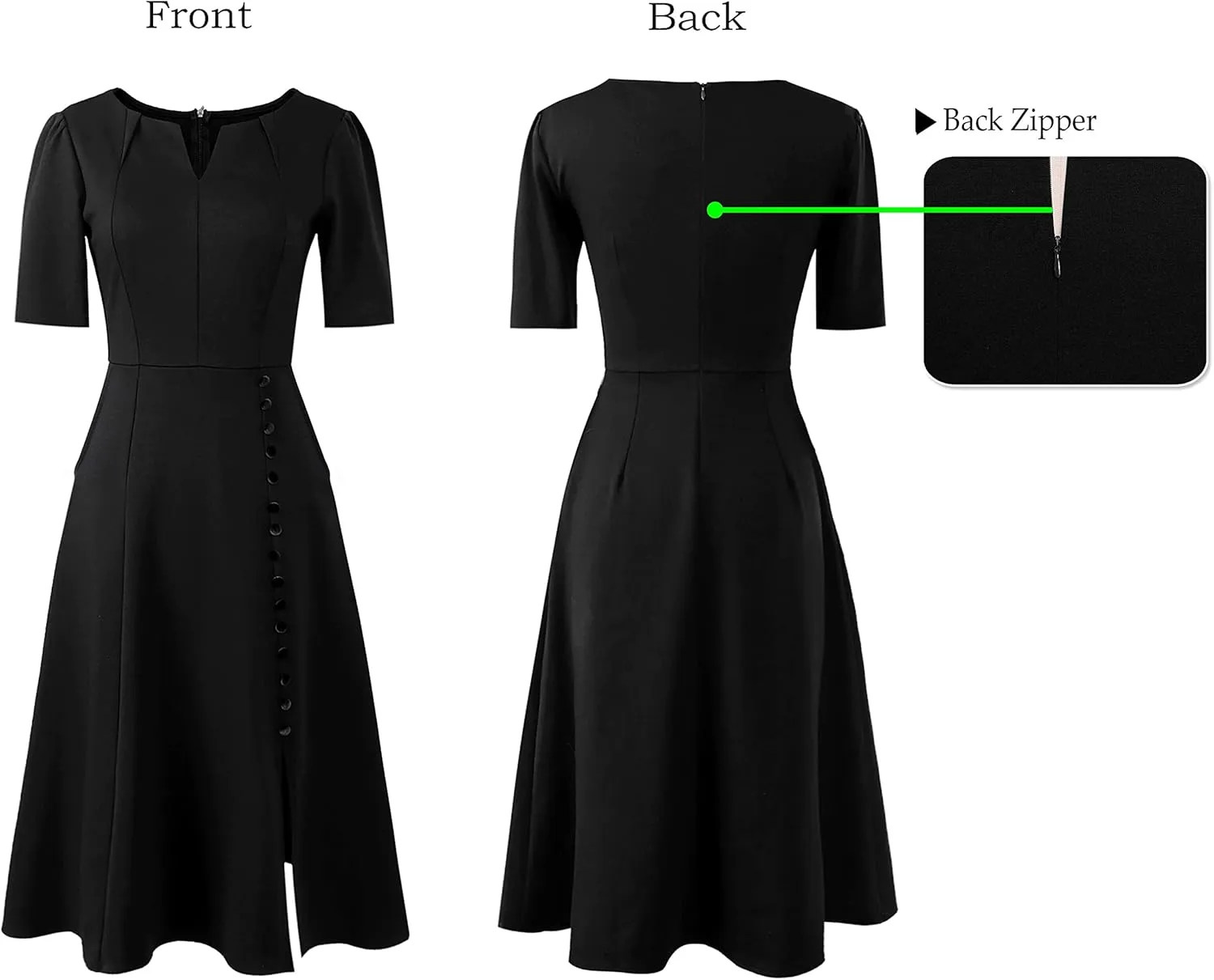 VFSHOW Women Pleated Notch V Neck Pockets Buttons Work Office Business A-Line Midi Dress