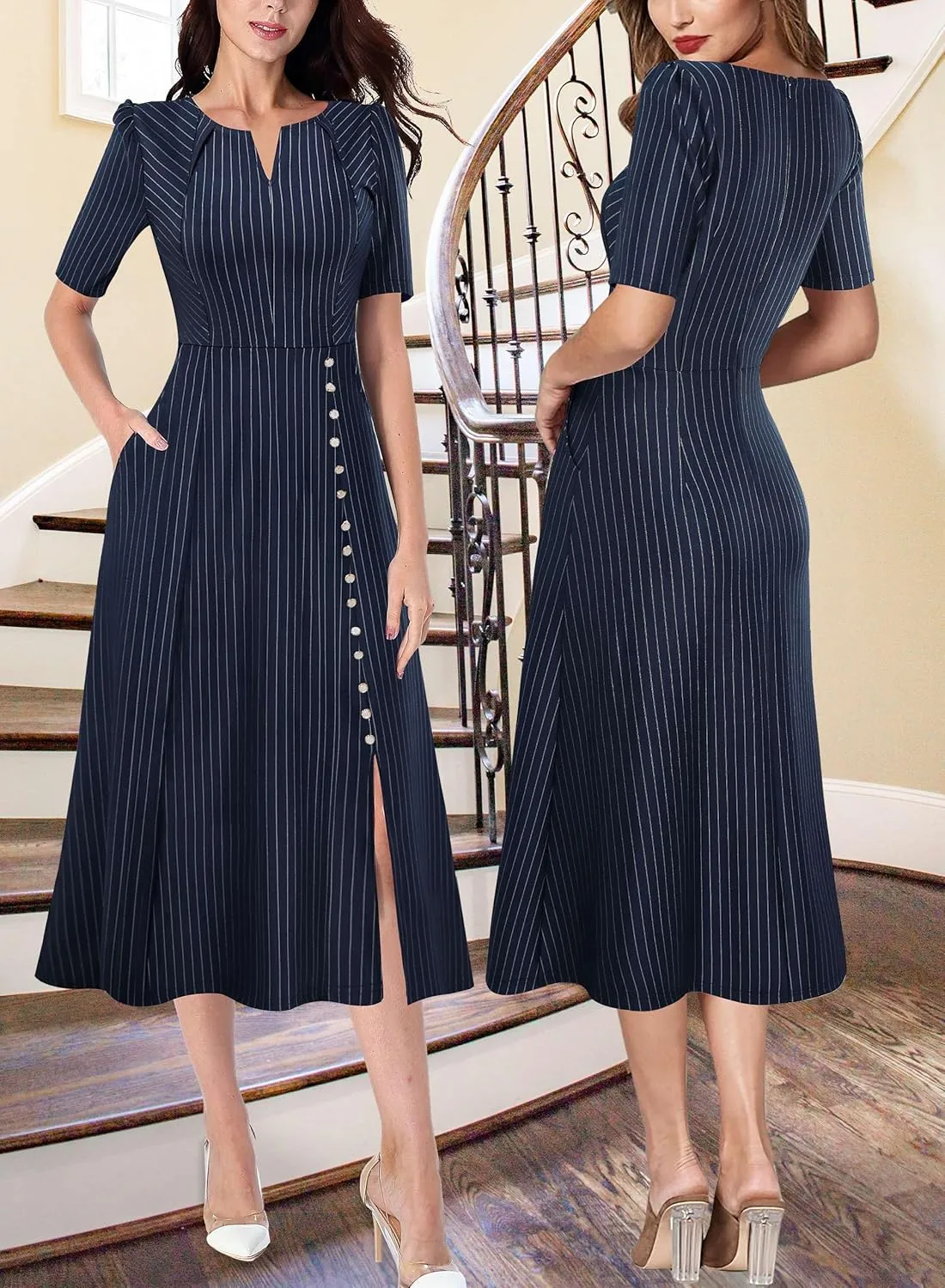VFSHOW Women Pleated Notch V Neck Pockets Buttons Work Office Business A-Line Midi Dress