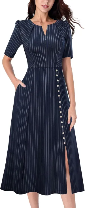 VFSHOW Women Pleated Notch V Neck Pockets Buttons Work Office Business A-Line Midi Dress