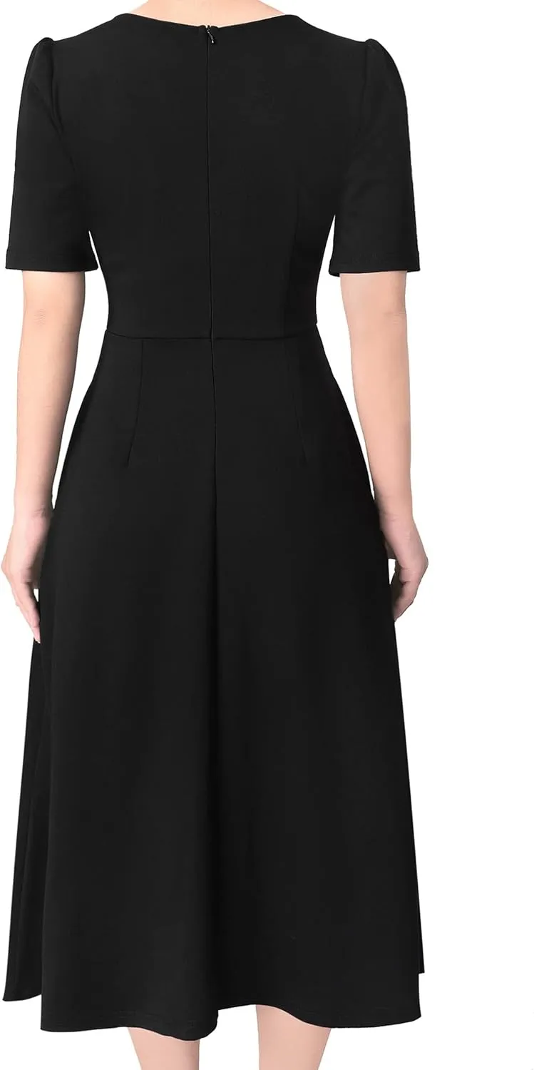 VFSHOW Women Pleated Notch V Neck Pockets Buttons Work Office Business A-Line Midi Dress