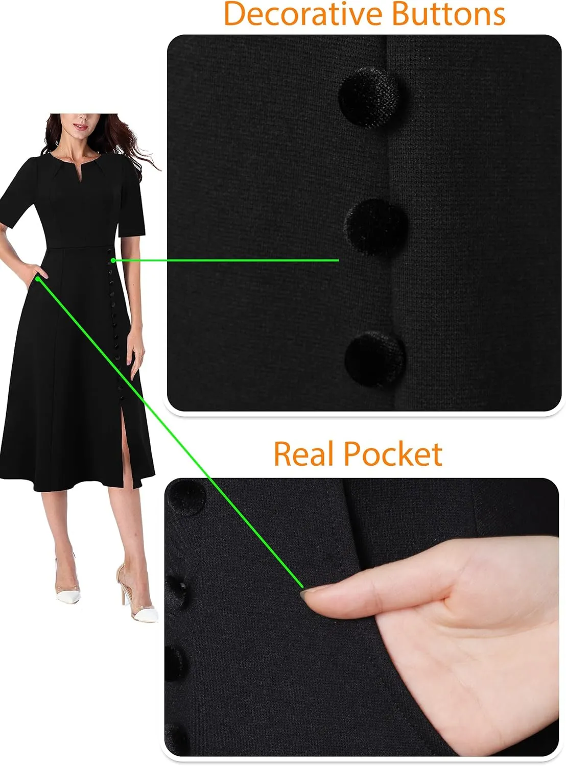 VFSHOW Women Pleated Notch V Neck Pockets Buttons Work Office Business A-Line Midi Dress