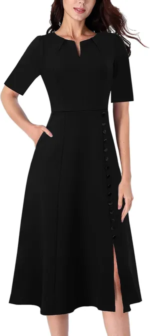 VFSHOW Women Pleated Notch V Neck Pockets Buttons Work Office Business A-Line Midi Dress