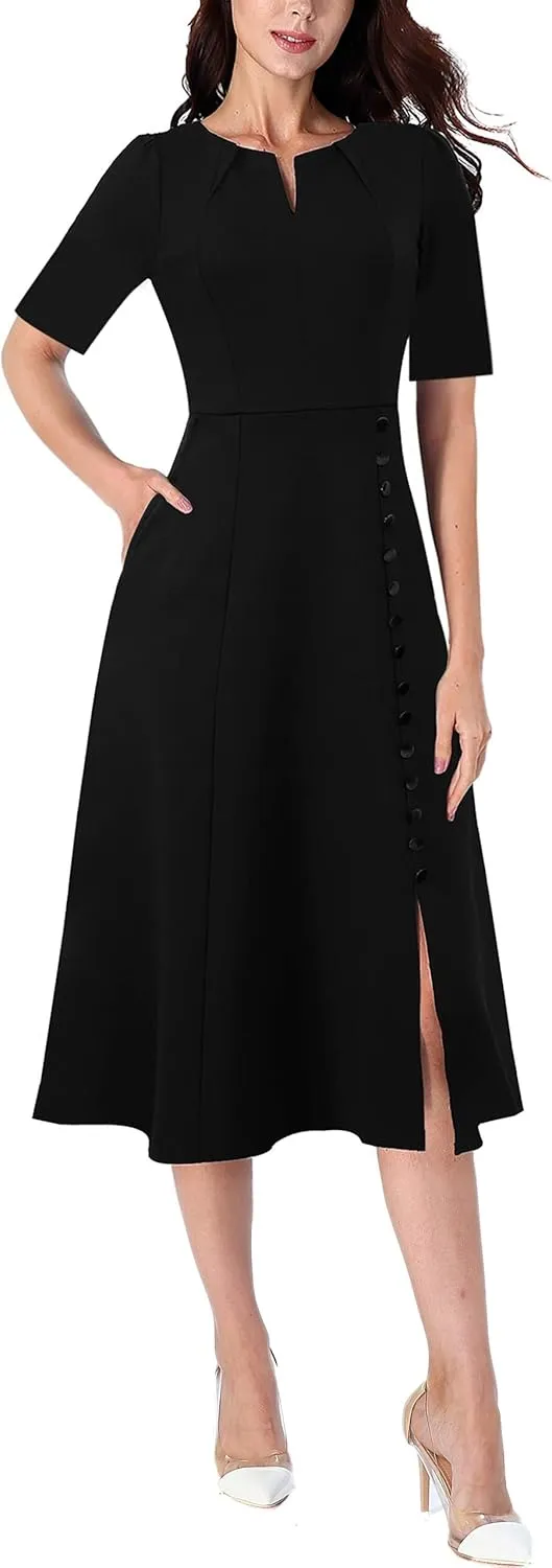 VFSHOW Women Pleated Notch V Neck Pockets Buttons Work Office Business A-Line Midi Dress