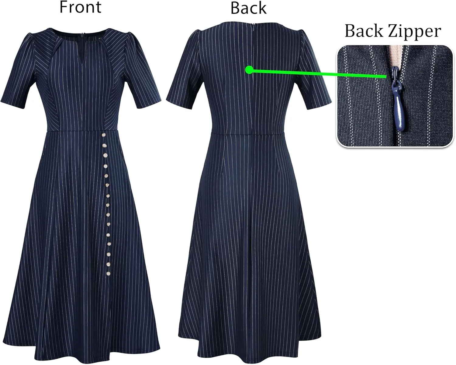 VFSHOW Women Pleated Notch V Neck Pockets Buttons Work Office Business A-Line Midi Dress