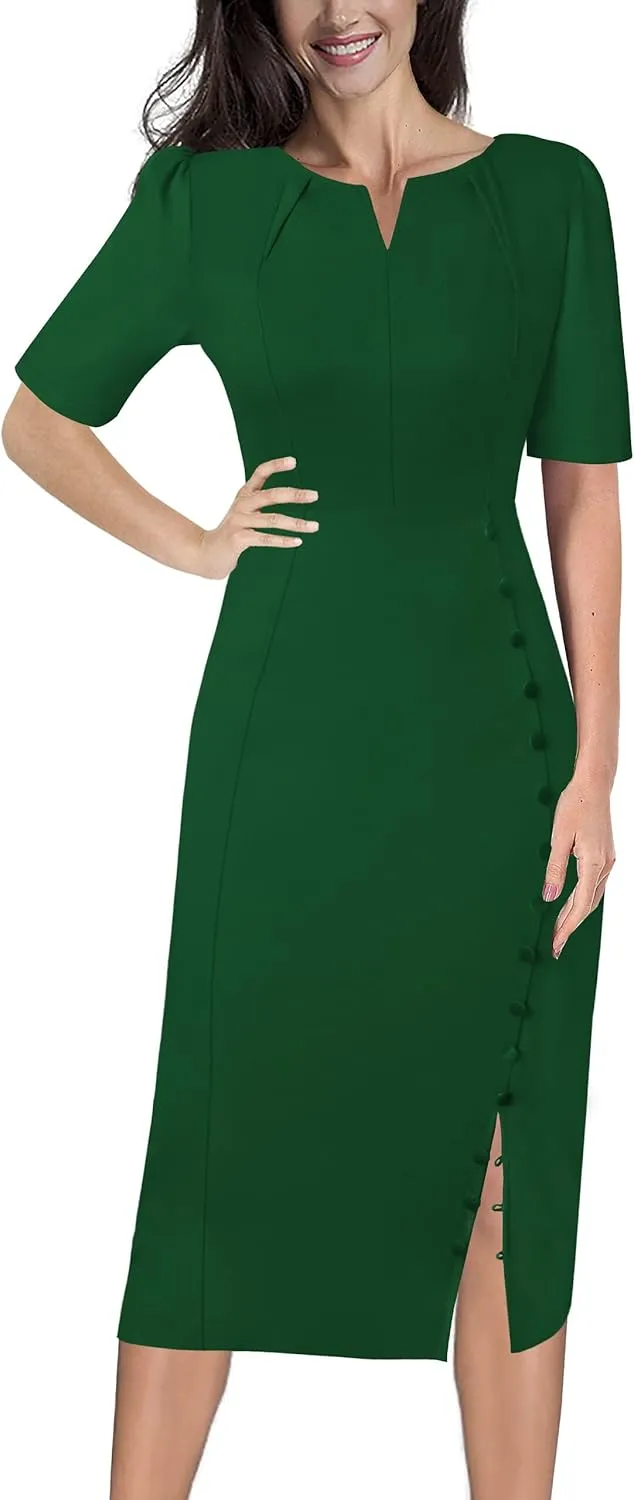 VFSHOW Womens Pleated Notch V Neck Buttons Split Work Office Business Slim Bodycon Pencil Sheath Midi Dress