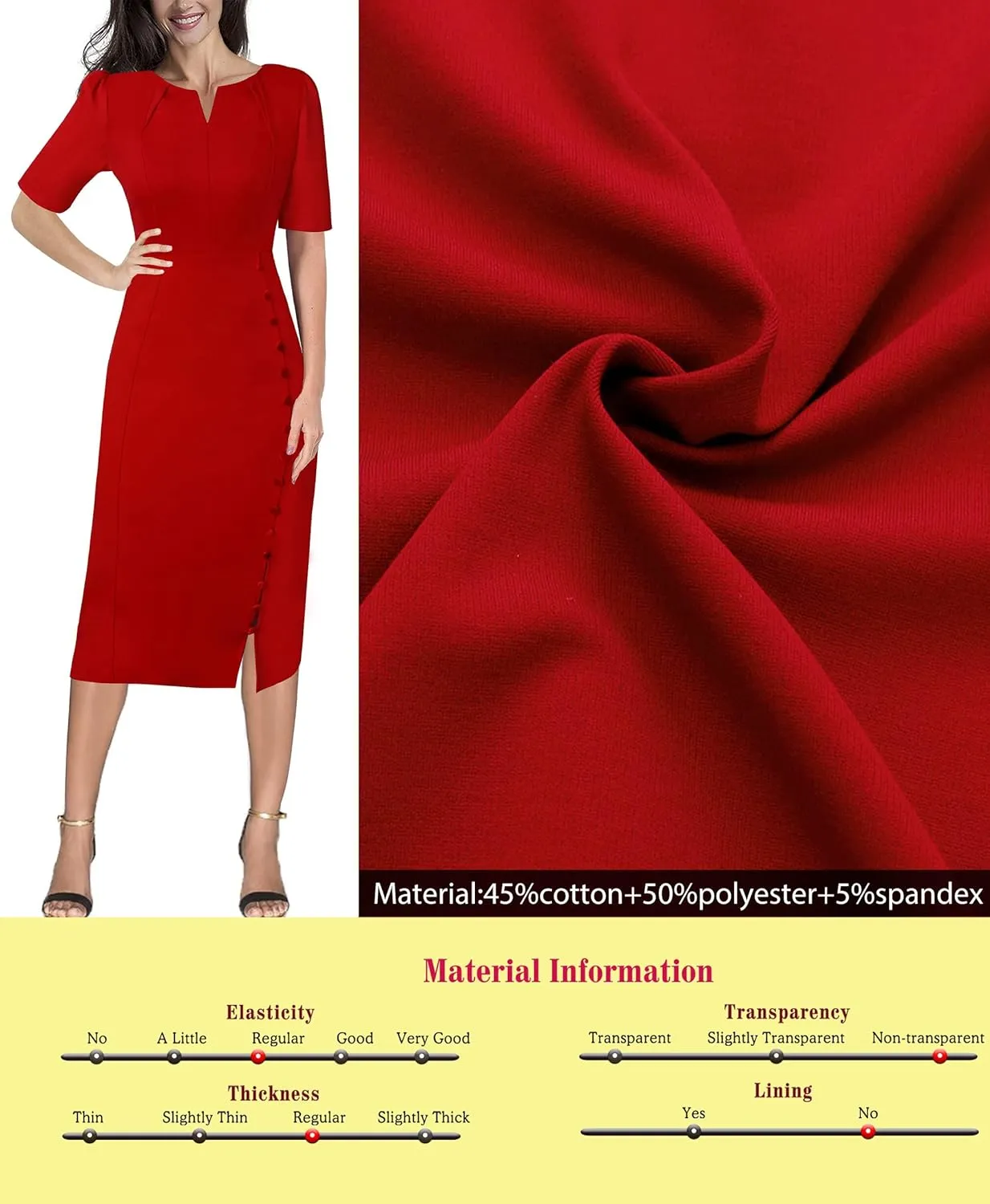 VFSHOW Womens Pleated Notch V Neck Buttons Split Work Office Business Slim Bodycon Pencil Sheath Midi Dress