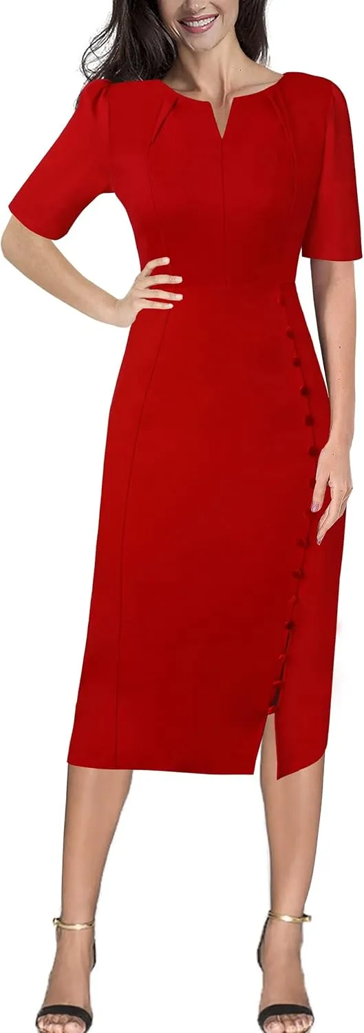 VFSHOW Womens Pleated Notch V Neck Buttons Split Work Office Business Slim Bodycon Pencil Sheath Midi Dress