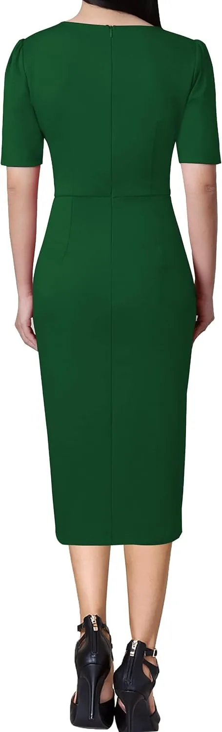 VFSHOW Womens Pleated Notch V Neck Buttons Split Work Office Business Slim Bodycon Pencil Sheath Midi Dress