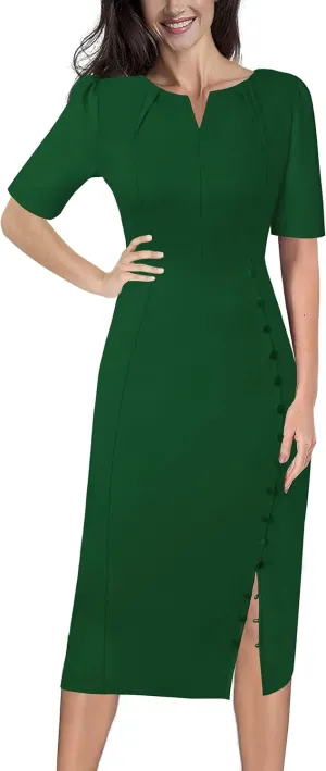 VFSHOW Womens Pleated Notch V Neck Buttons Split Work Office Business Slim Bodycon Pencil Sheath Midi Dress