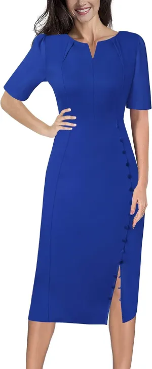 VFSHOW Womens Pleated Notch V Neck Buttons Split Work Office Business Slim Bodycon Pencil Sheath Midi Dress