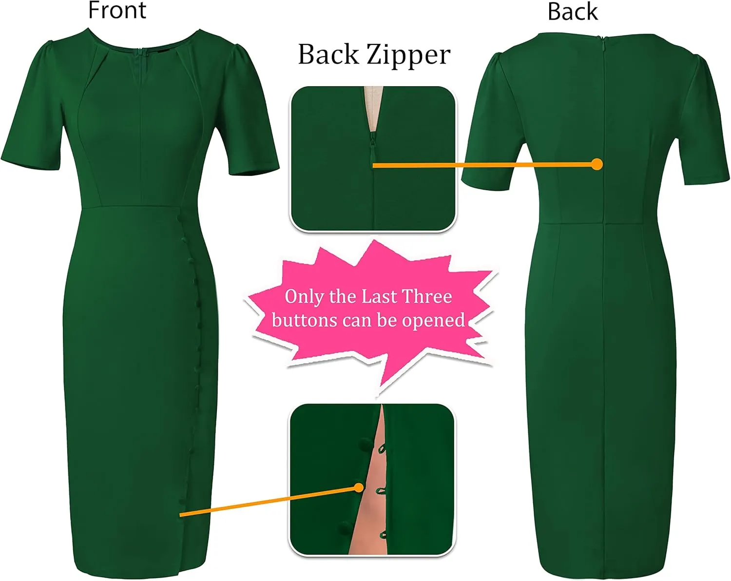 VFSHOW Womens Pleated Notch V Neck Buttons Split Work Office Business Slim Bodycon Pencil Sheath Midi Dress