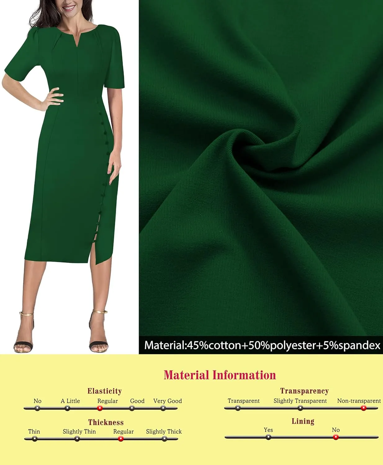 VFSHOW Womens Pleated Notch V Neck Buttons Split Work Office Business Slim Bodycon Pencil Sheath Midi Dress