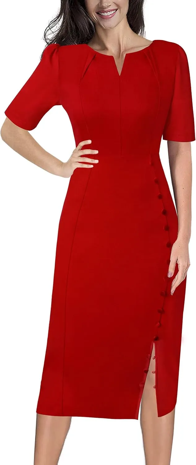 VFSHOW Womens Pleated Notch V Neck Buttons Split Work Office Business Slim Bodycon Pencil Sheath Midi Dress