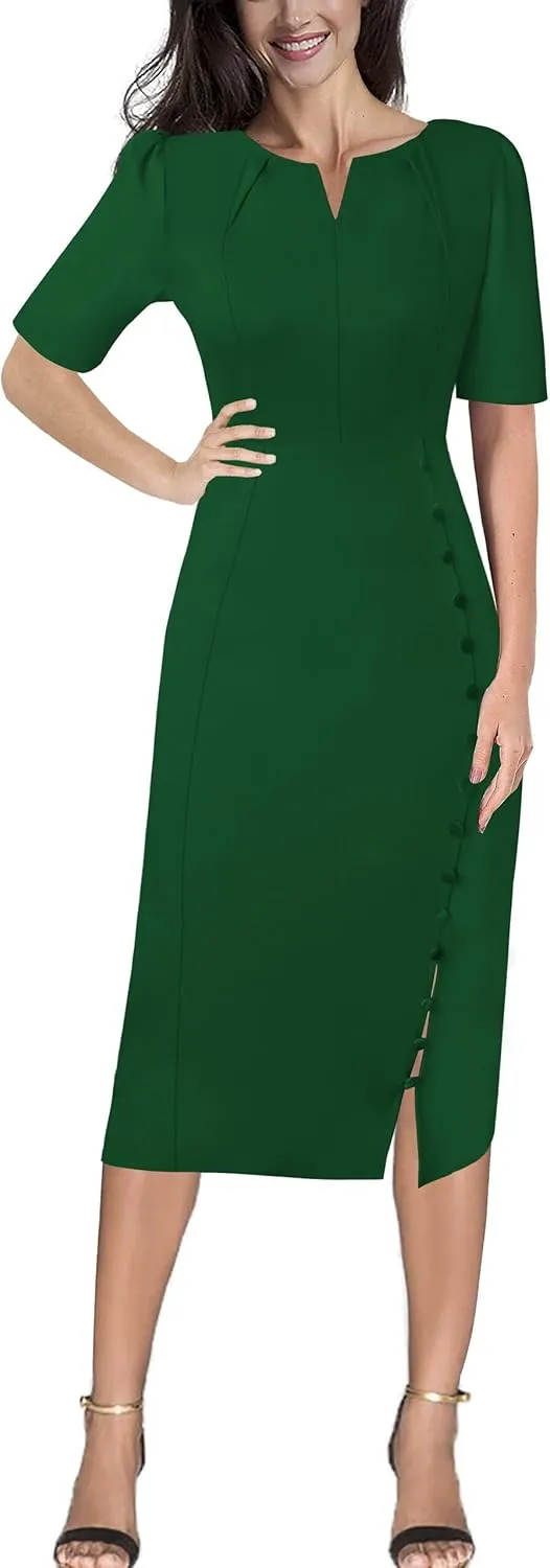 VFSHOW Womens Pleated Notch V Neck Buttons Split Work Office Business Slim Bodycon Pencil Sheath Midi Dress