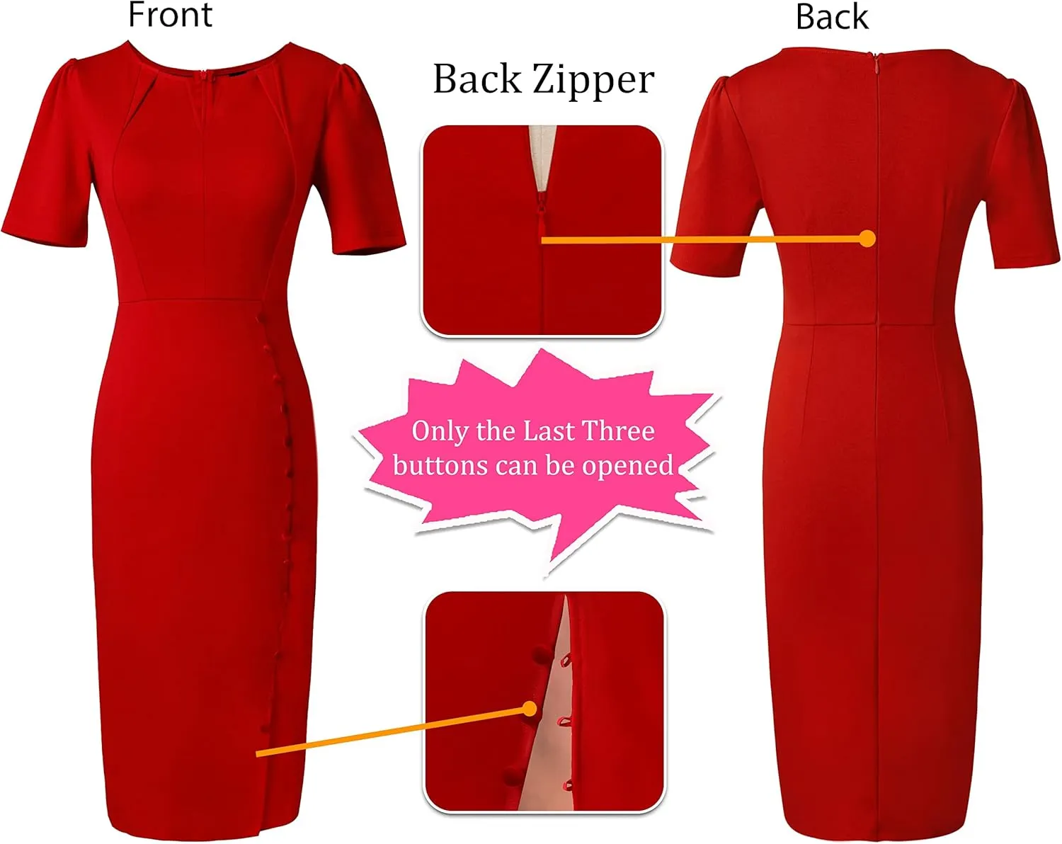 VFSHOW Womens Pleated Notch V Neck Buttons Split Work Office Business Slim Bodycon Pencil Sheath Midi Dress