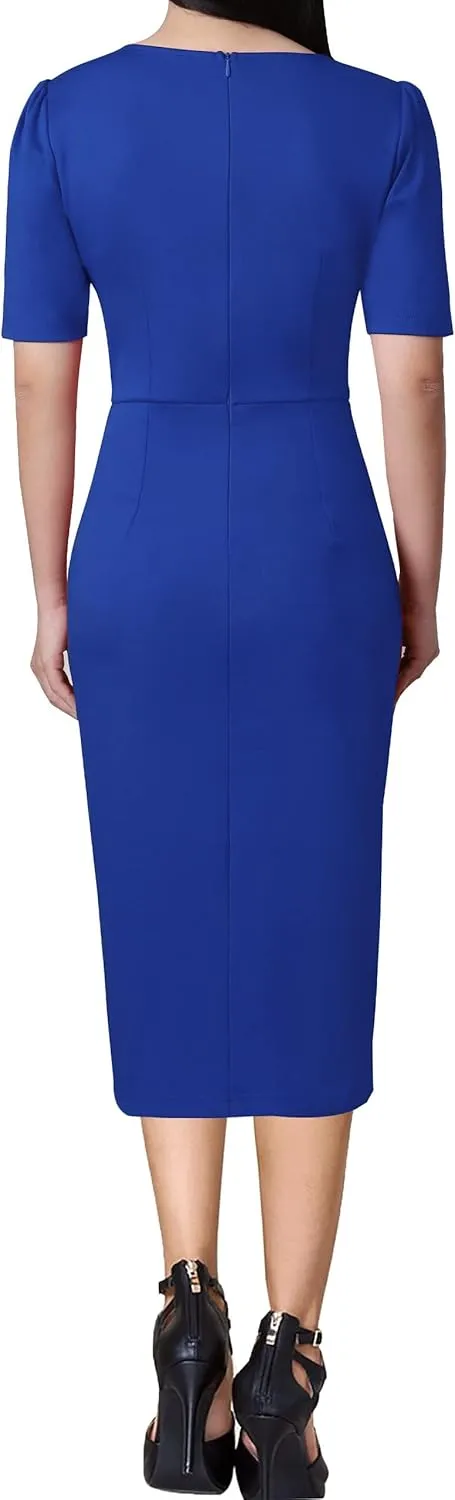 VFSHOW Womens Pleated Notch V Neck Buttons Split Work Office Business Slim Bodycon Pencil Sheath Midi Dress