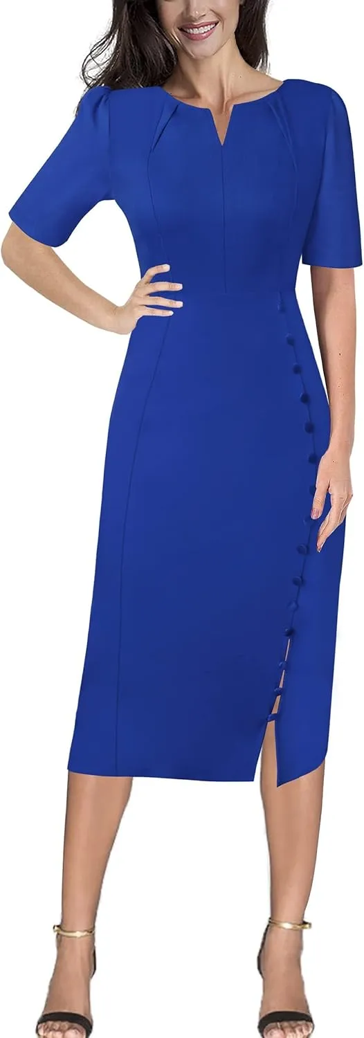 VFSHOW Womens Pleated Notch V Neck Buttons Split Work Office Business Slim Bodycon Pencil Sheath Midi Dress