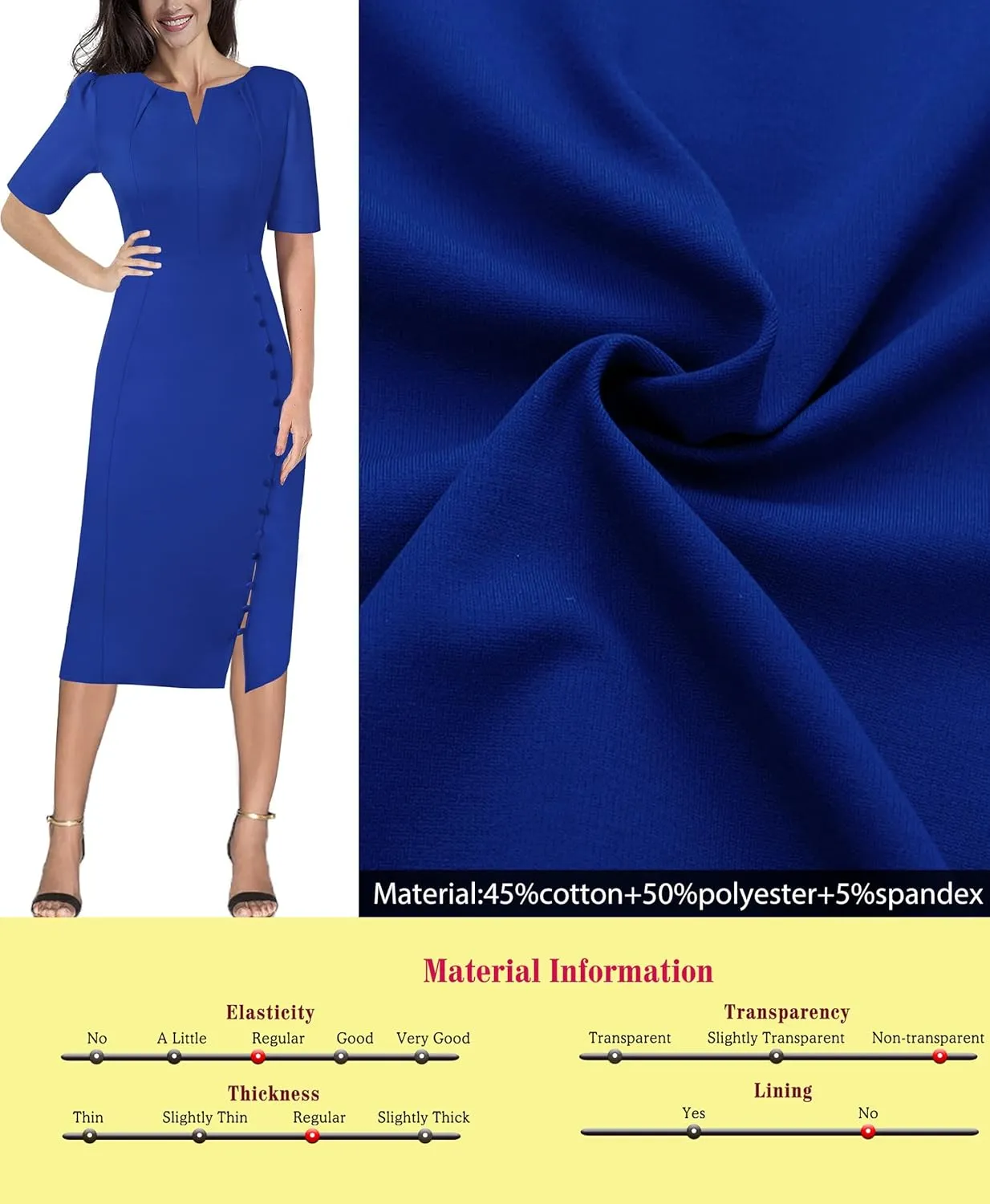 VFSHOW Womens Pleated Notch V Neck Buttons Split Work Office Business Slim Bodycon Pencil Sheath Midi Dress