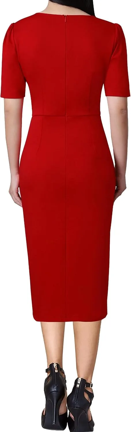 VFSHOW Womens Pleated Notch V Neck Buttons Split Work Office Business Slim Bodycon Pencil Sheath Midi Dress