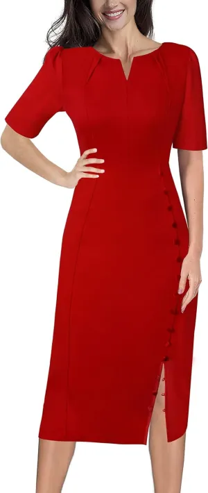 VFSHOW Womens Pleated Notch V Neck Buttons Split Work Office Business Slim Bodycon Pencil Sheath Midi Dress