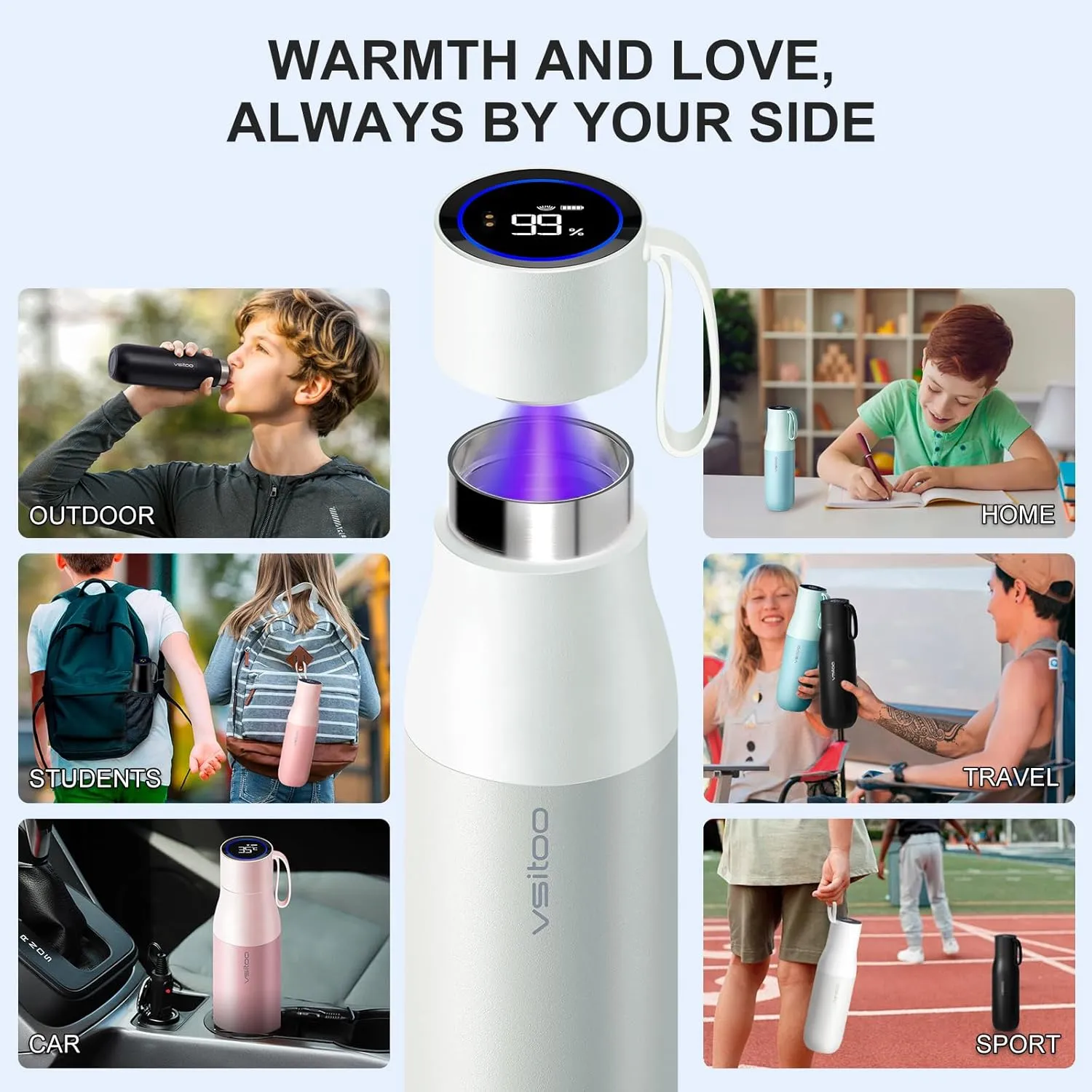 vsitoo Self-Cleaning Water Bottle, 15oz Insulated Stainless Steel BPA-Free Smart Water Bottle, Touch Screen APP Control & Auto-Cleaning, Thermal Flask for Travel, White