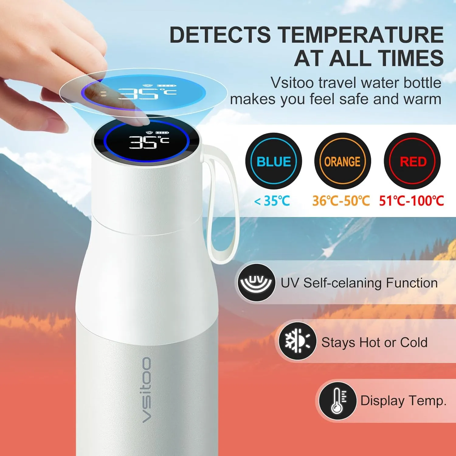 vsitoo Self-Cleaning Water Bottle, 15oz Insulated Stainless Steel BPA-Free Smart Water Bottle, Touch Screen APP Control & Auto-Cleaning, Thermal Flask for Travel, White