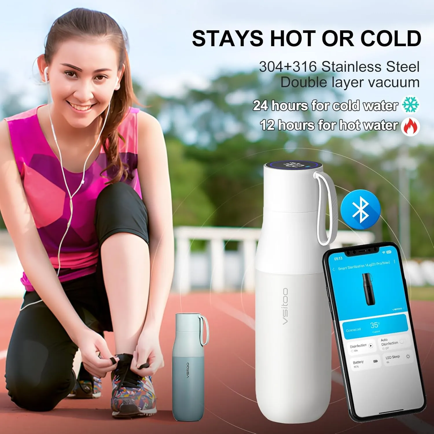 vsitoo Self-Cleaning Water Bottle, 15oz Insulated Stainless Steel BPA-Free Smart Water Bottle, Touch Screen APP Control & Auto-Cleaning, Thermal Flask for Travel, White