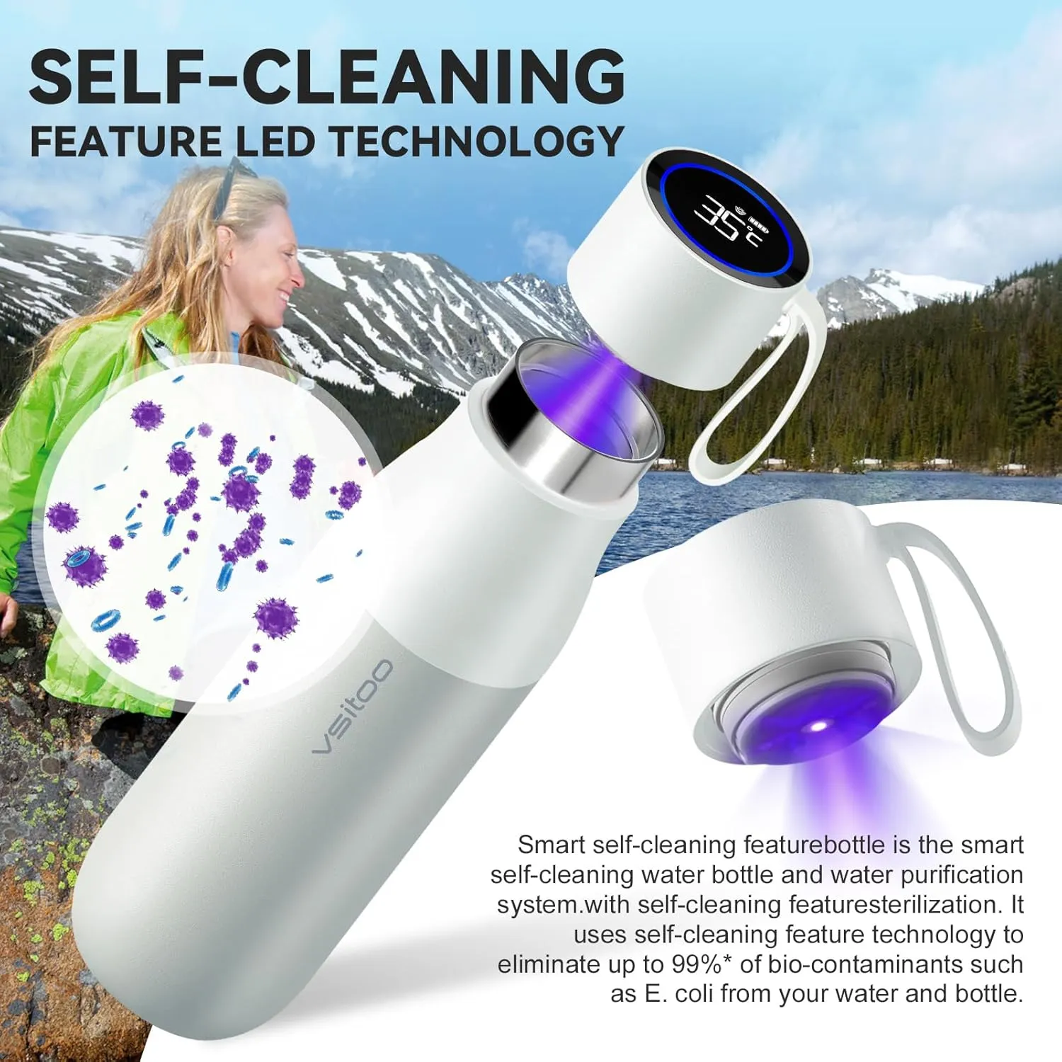 vsitoo Self-Cleaning Water Bottle, 15oz Insulated Stainless Steel BPA-Free Smart Water Bottle, Touch Screen APP Control & Auto-Cleaning, Thermal Flask for Travel, White
