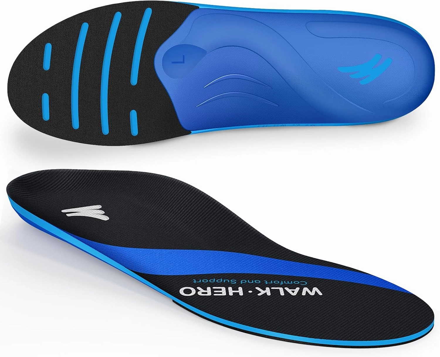 WalkHero All-Around Arch Support Inserts - Plantar Fasciitis Relief Orthotic Insoles for Flat Feet and Daily Walking, Shock Absorbing and Cushioning (Mens 6-6.5 | Womens 8-8.5, Navy Blue)