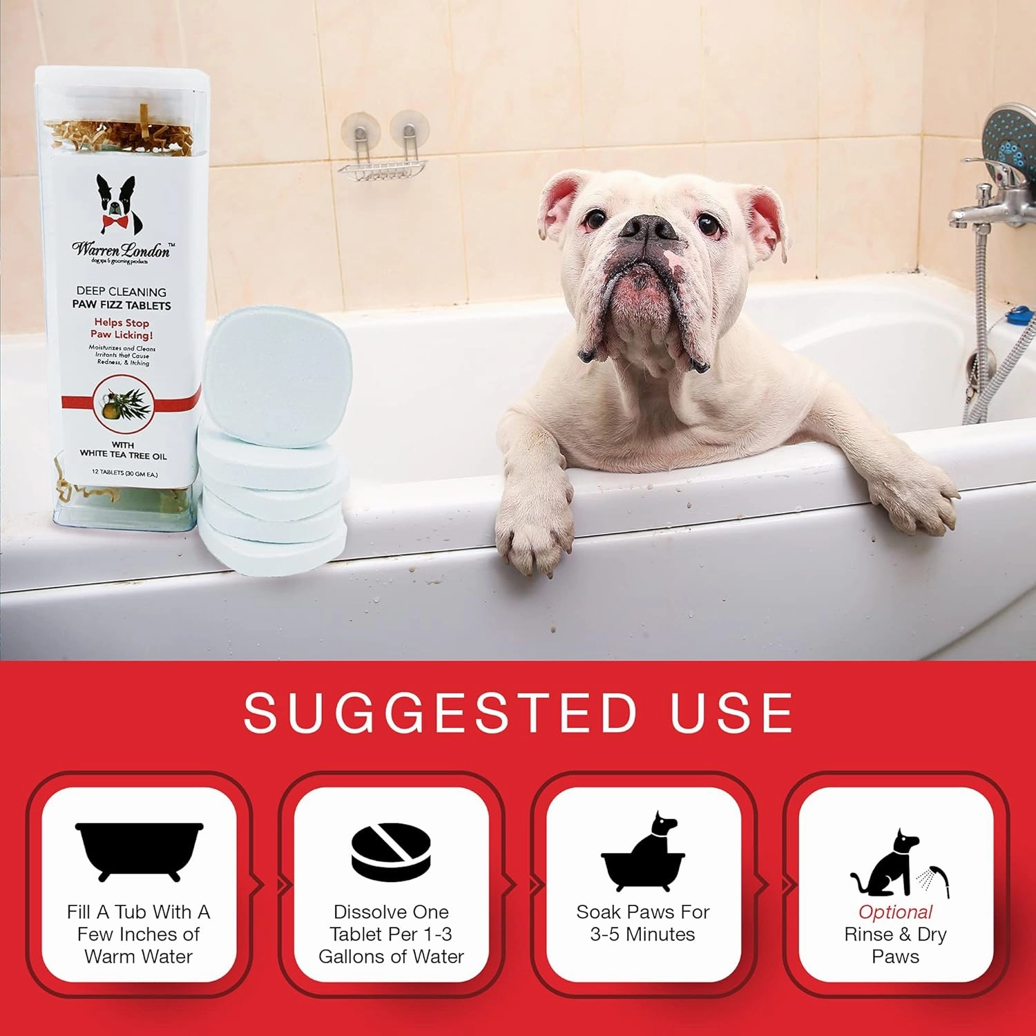 Warren London Deep Cleaning Paw Soak | Soothing Itchy Paw Relief for Dogs with Seaweed, Tea Tree Oil, & Aloe Vera | Anti Licking for Dogs Paws | 5 Minute Paw Spa Service at Home | 12 Tablets